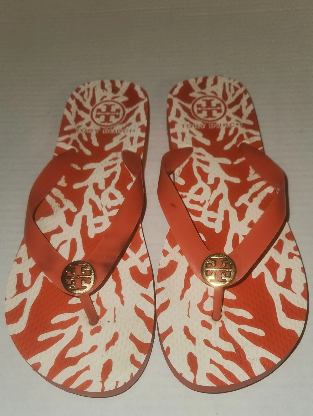 Tory Burch Coral Orange Logo Rubber Flip Flop Sandals
